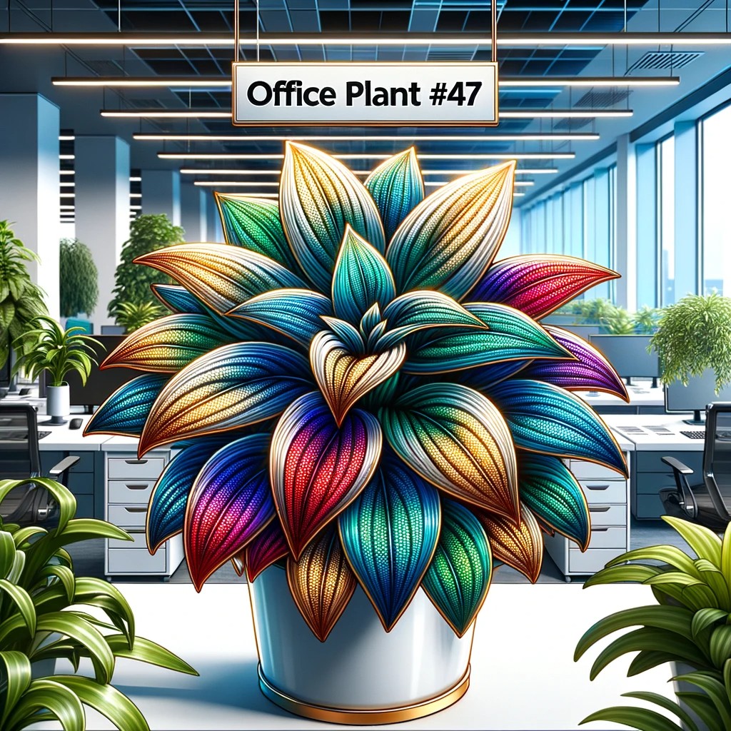 Illustration of a captivating plant labeled 'Office Plant #47' by dalle 3